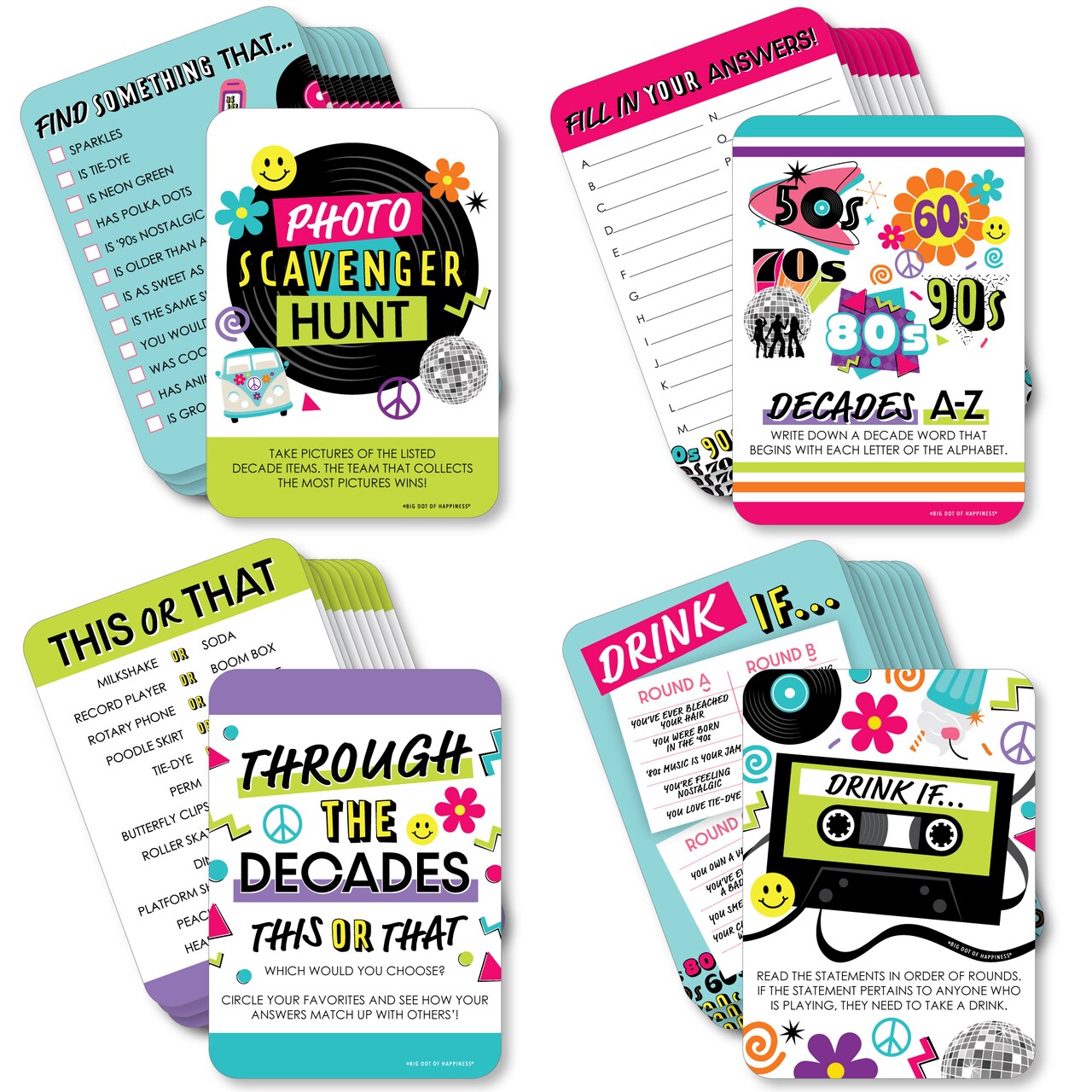 Big Dot of Happiness Through the Decades - 4 50s, 60s, 70s, 80s, and 90s Party Games - 10 Cards Each - Gamerific Bundle